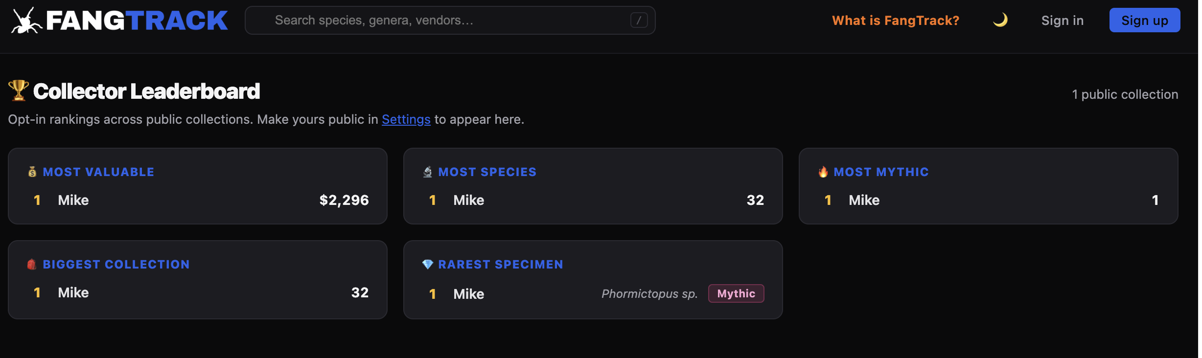 The FangTrack Collector Leaderboard, with one public collection on it FangTrack Collector Leaderboard showing a single public collection ranked first in Most Valuable, Most Species, Most Mythic, Biggest Collection, and Rarest Specimen